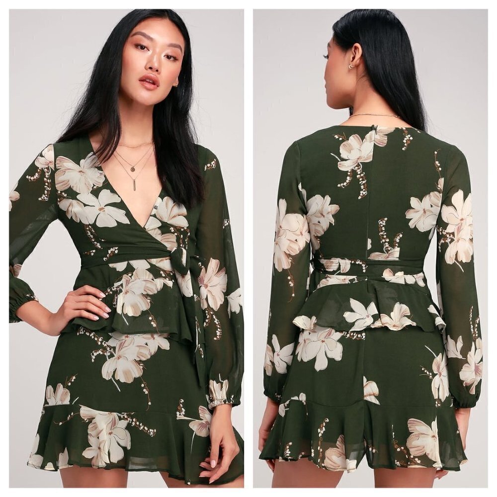 Lulus Jasmine and Yours Green Floral Ruffle Mini